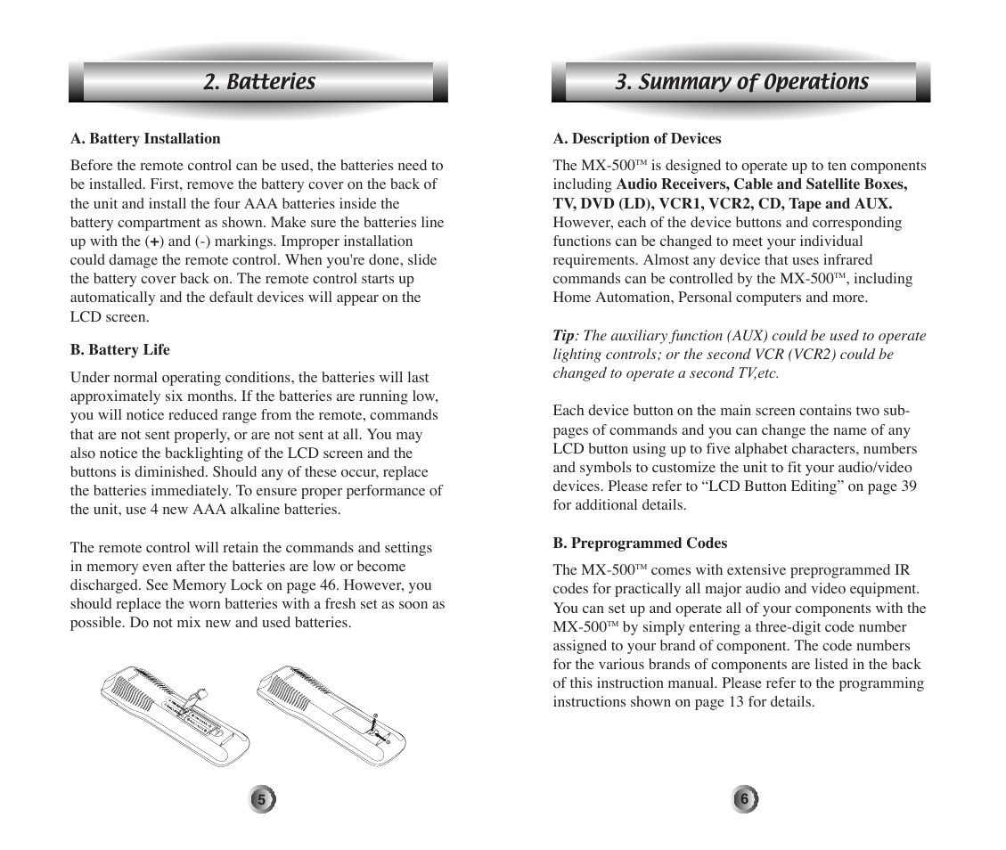 Batteries, Summary of operations | Home Theater Direct MX-500 User Manual | Page 4 / 37