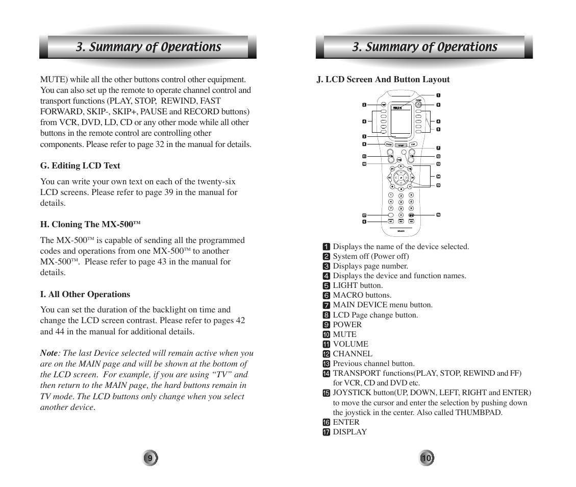 Summary of operations, J. lcd screen and button layout, The mx-500 | Home Theater Direct MX-500 User Manual | Page 6 / 37