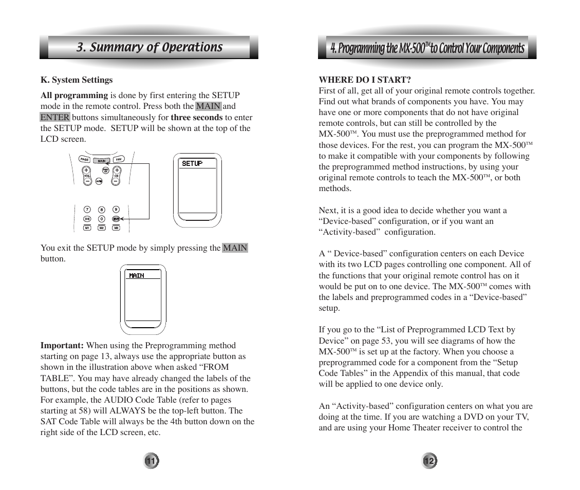 Programming the mx-500, Summary of operations | Home Theater Direct MX-500 User Manual | Page 7 / 37