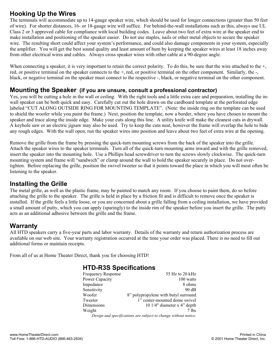 Hooking up the wires, Installing the grille, Warranty | Htd-r3s specifications, Mounting the speaker | Home Theater Direct HTD-R3S User Manual | Page 2 / 2