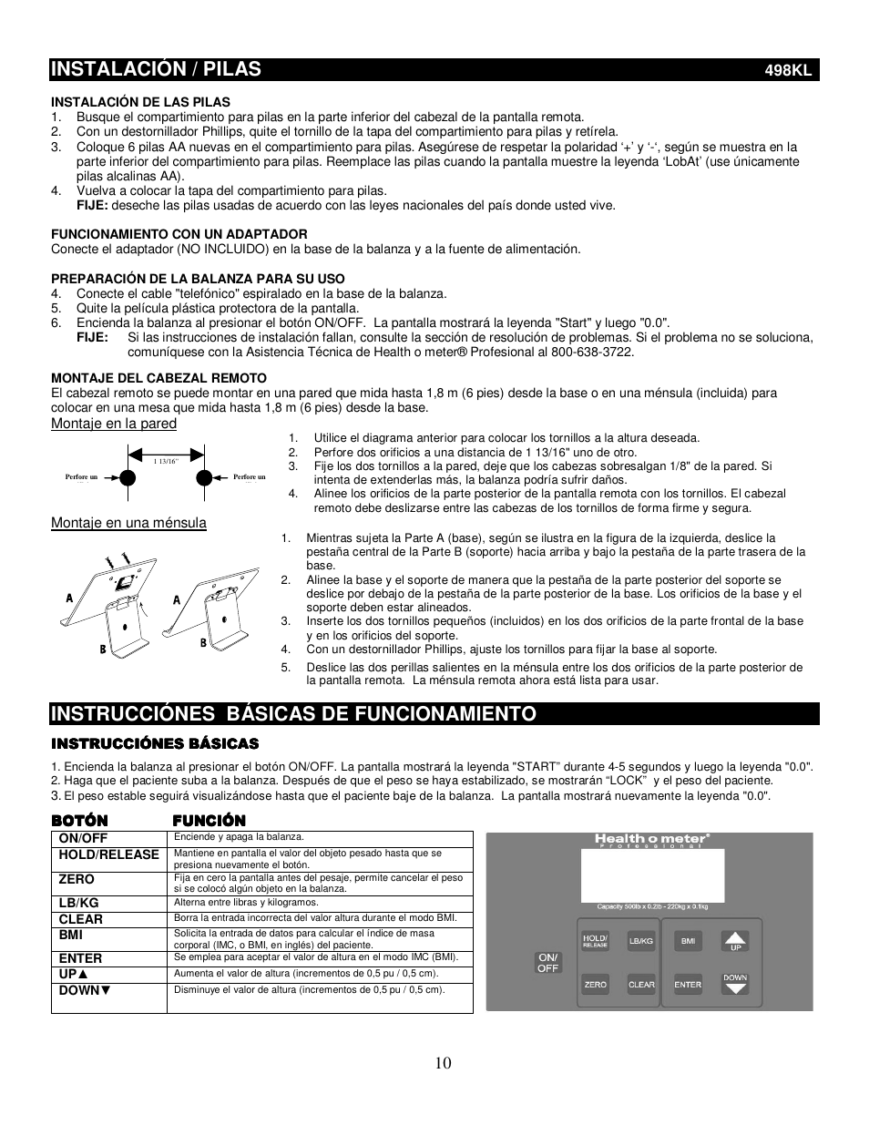 Instalación / pilas, Instrucciónes básicas de funcionamiento | Health O Meter 498KL User Manual | Page 10 / 20