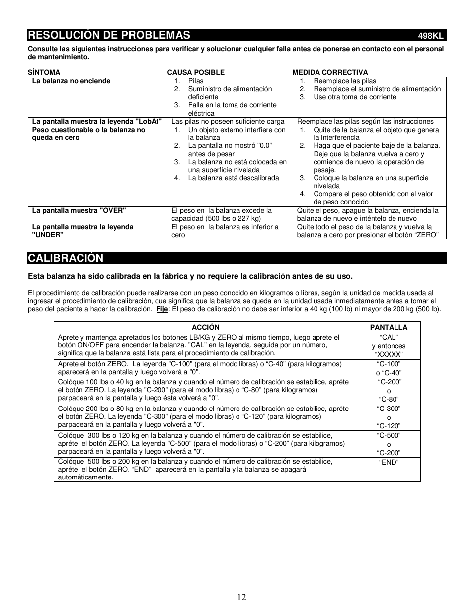 Resolución de problemas, Calibración | Health O Meter 498KL User Manual | Page 12 / 20