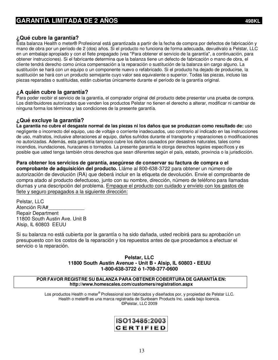 Garantía limitada de 2 años | Health O Meter 498KL User Manual | Page 13 / 20