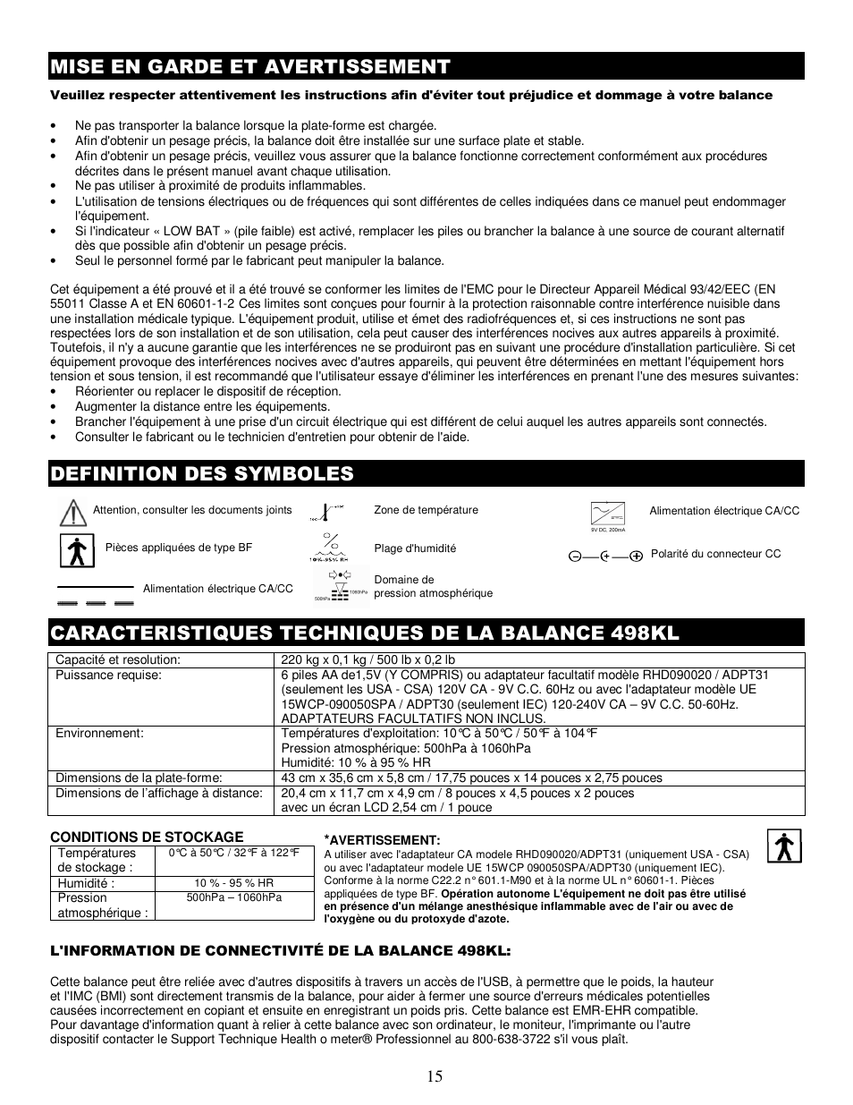 Mise en garde et avertissement, Definition des symboles, Caracteristiques techniques de la balance 498kl | Health O Meter 498KL User Manual | Page 15 / 20