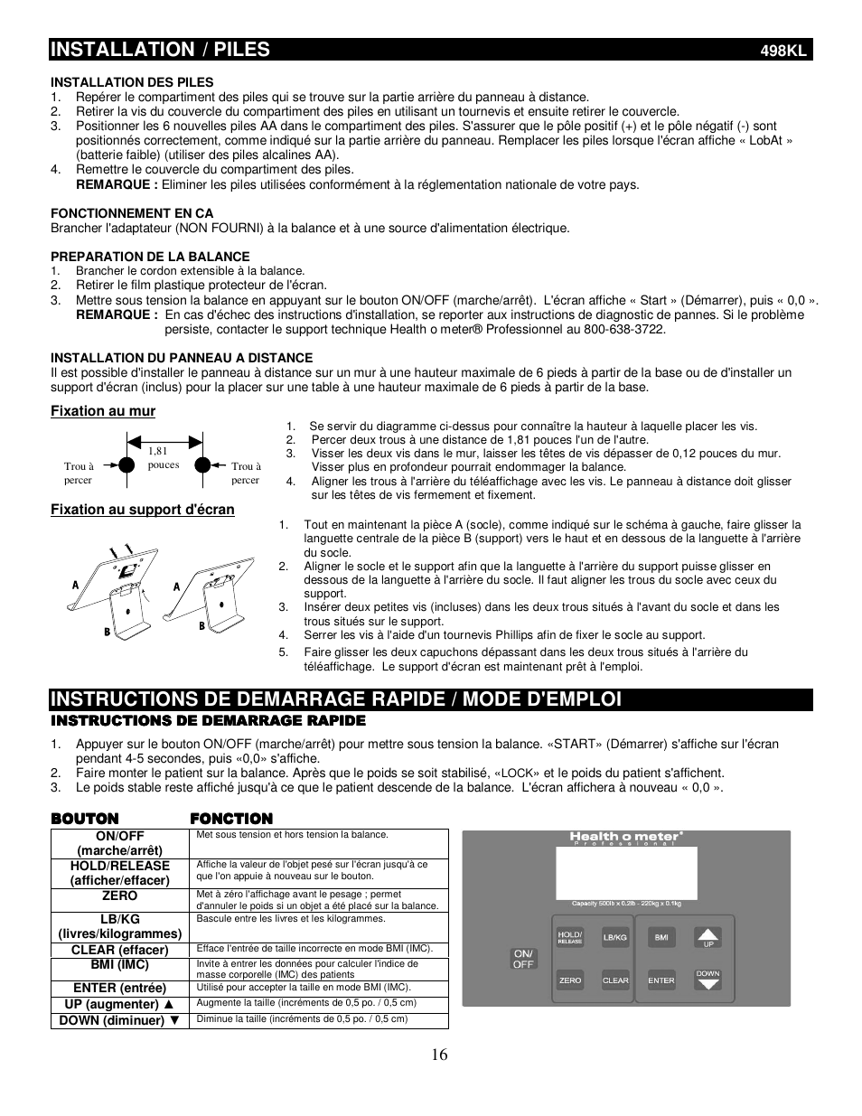 Installation / piles, Instructions de demarrage rapide / mode d'emploi | Health O Meter 498KL User Manual | Page 16 / 20