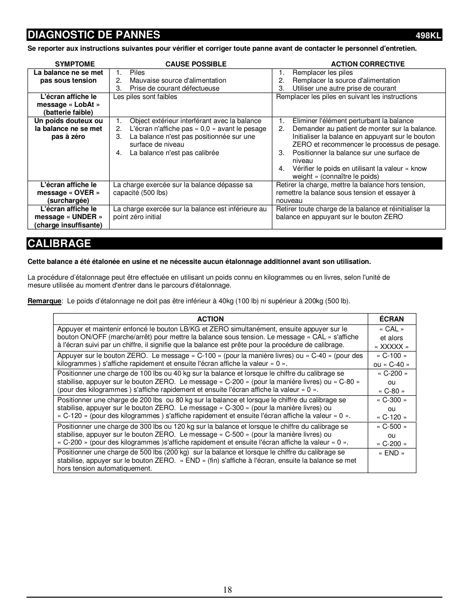 Diagnostic de pannes, Calibrage | Health O Meter 498KL User Manual | Page 18 / 20