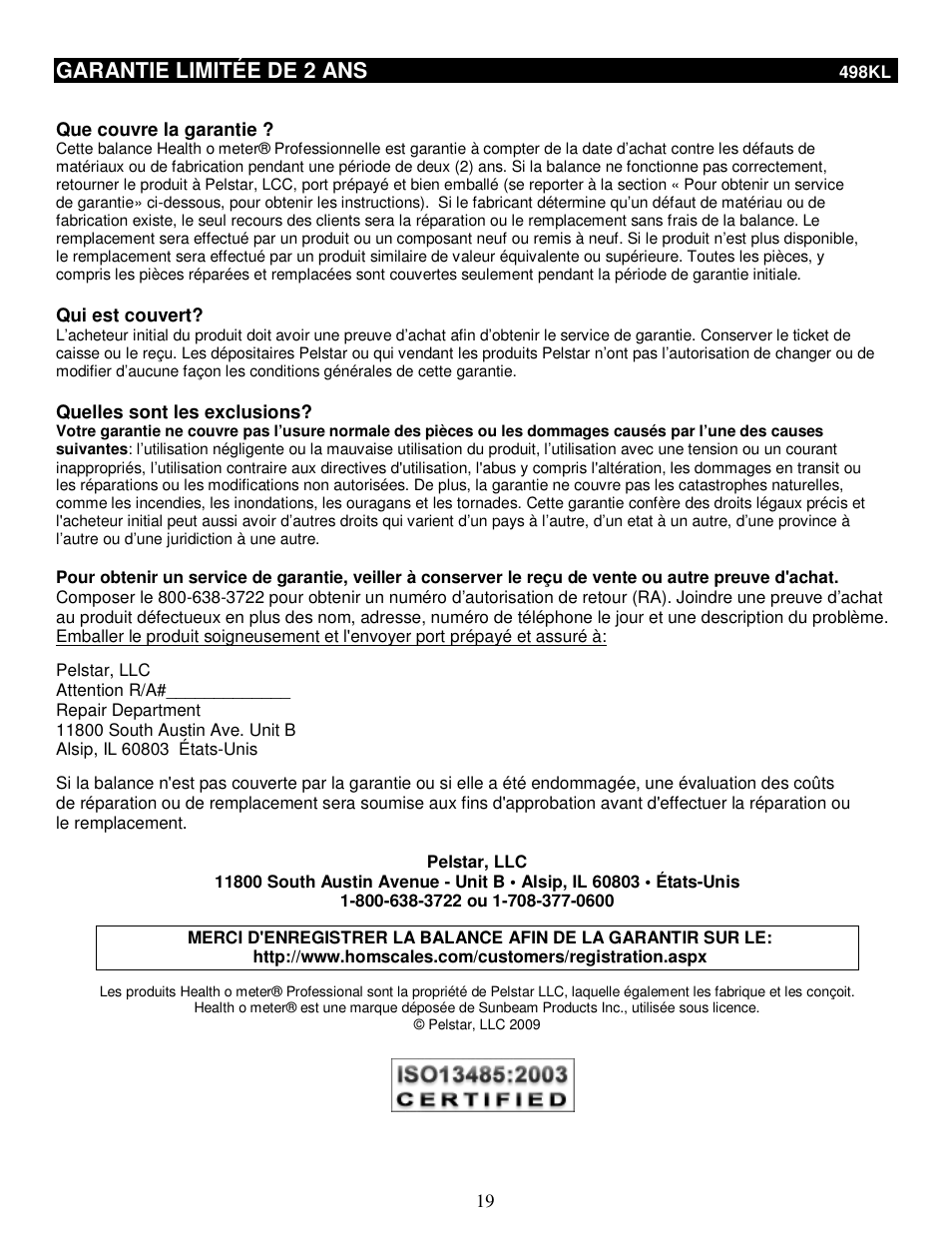 Garantie limitée de 2 ans | Health O Meter 498KL User Manual | Page 19 / 20