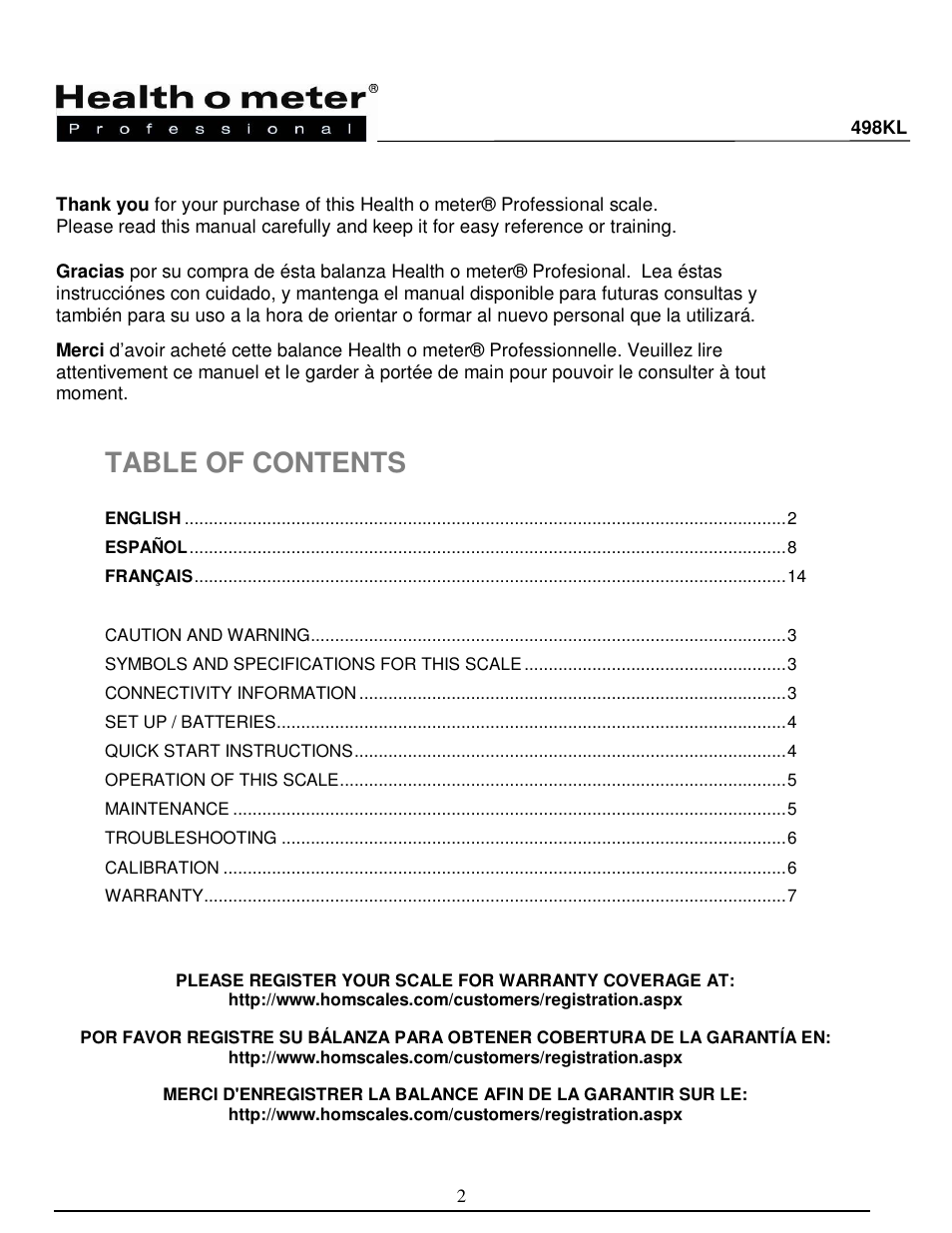 Health O Meter 498KL User Manual | Page 2 / 20