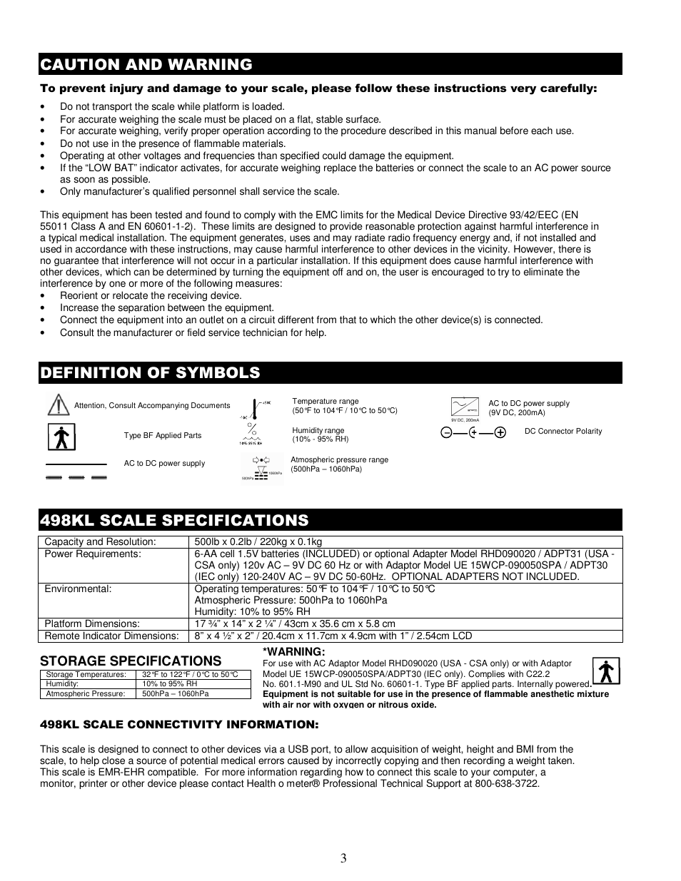 Caution and warning, Definition of symbols, 498kl scale specifications | Storage specifications | Health O Meter 498KL User Manual | Page 3 / 20