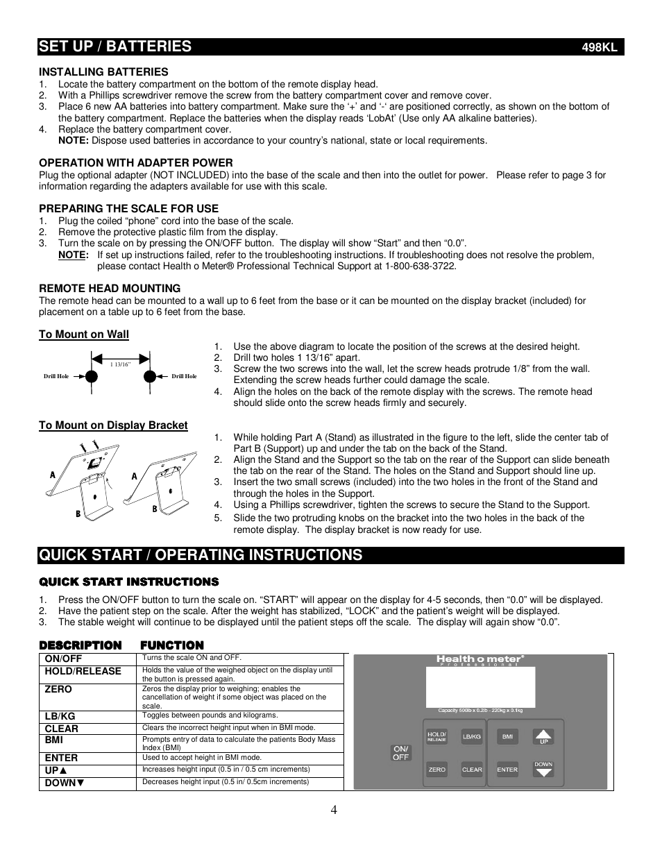 Set up / batteries, Quick start / operating instructions | Health O Meter 498KL User Manual | Page 4 / 20