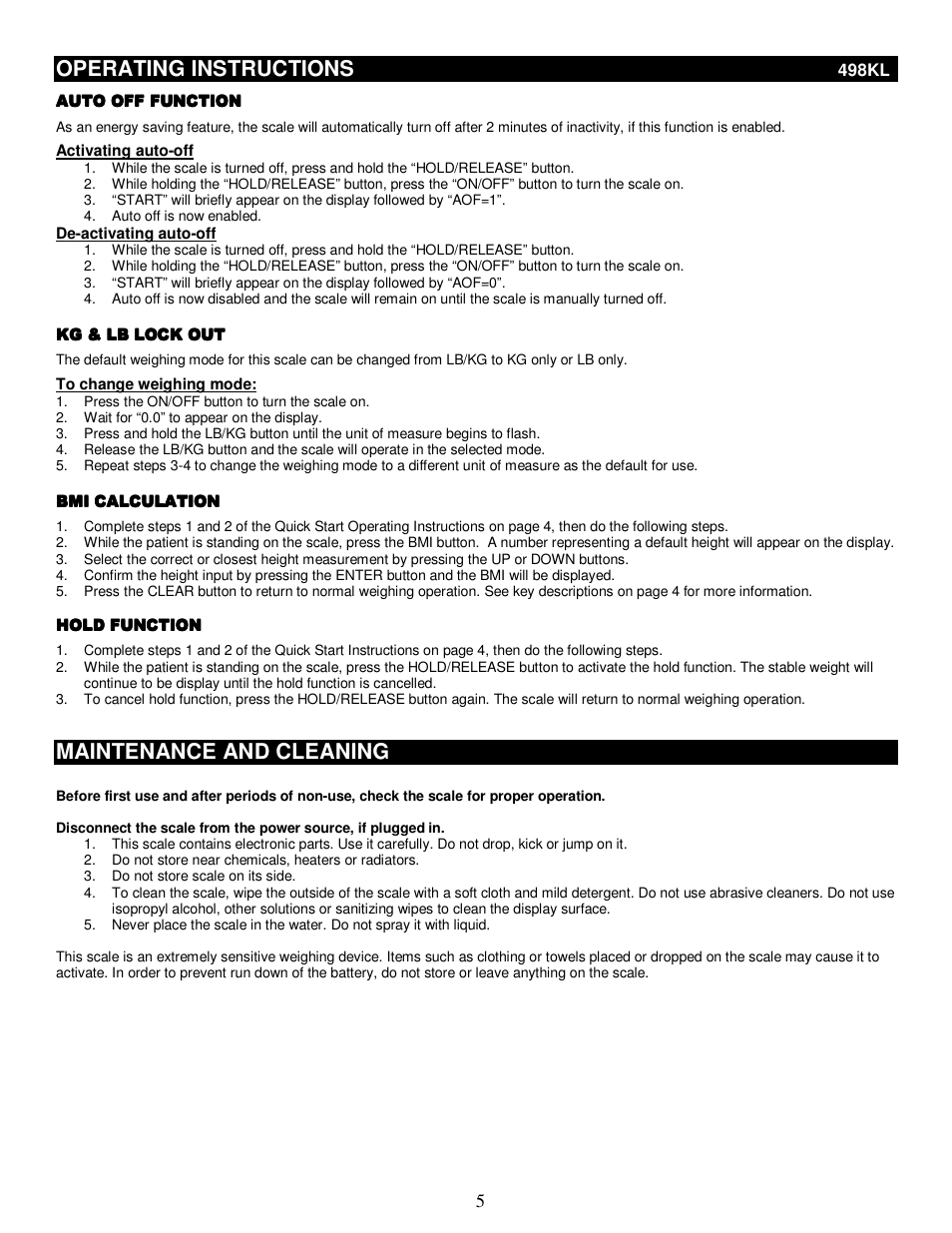 Operating instructions, Maintenance and cleaning | Health O Meter 498KL User Manual | Page 5 / 20