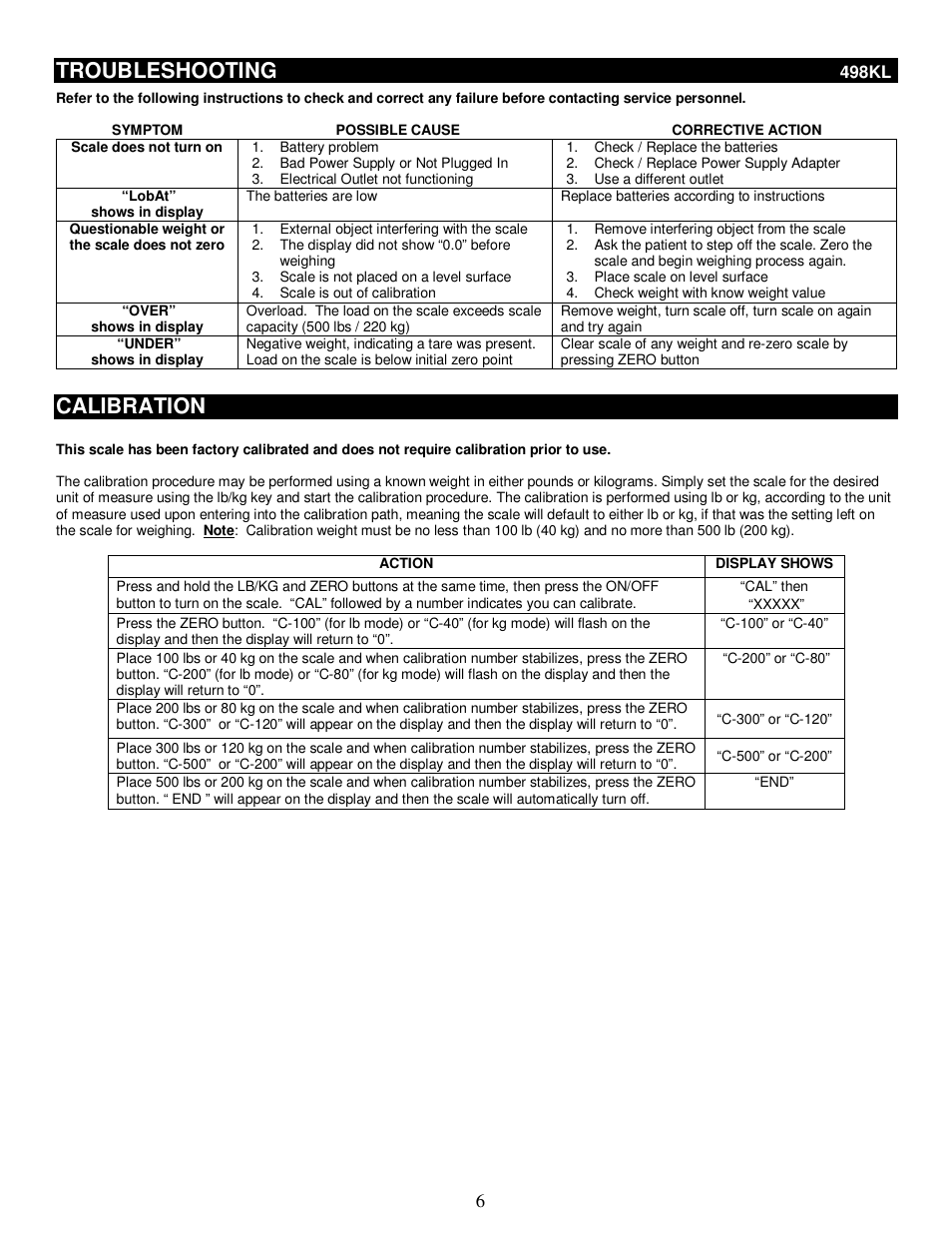 Troubleshooting, Calibration | Health O Meter 498KL User Manual | Page 6 / 20