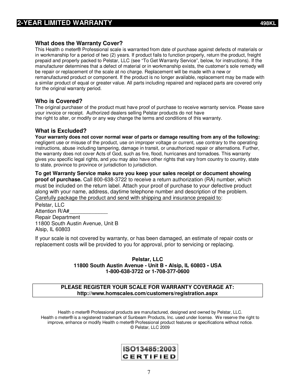 Year limited warranty | Health O Meter 498KL User Manual | Page 7 / 20