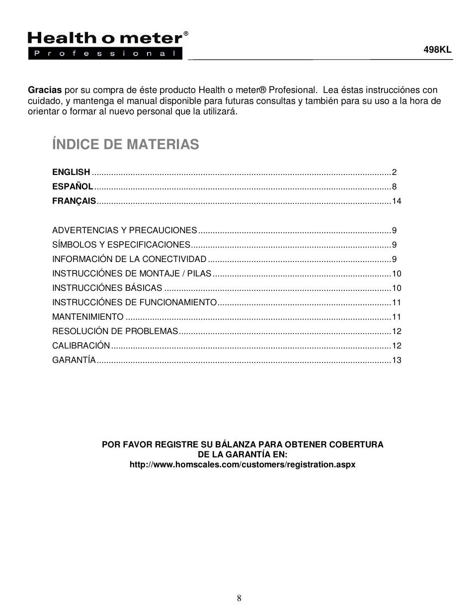 Índice de materias | Health O Meter 498KL User Manual | Page 8 / 20