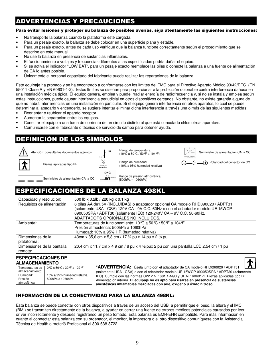 Advertencias y precauciones, Definición de los símbolos, Especificaciones de la balanza 498kl | Health O Meter 498KL User Manual | Page 9 / 20