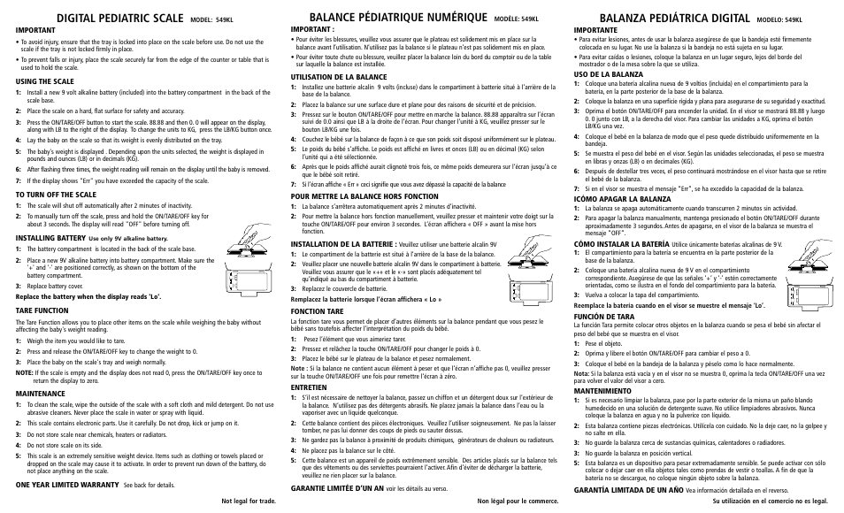 Digital pediatric scale, Balance pédiatrique numérique, Balanza pediátrica digital | Health O Meter DIGITAL PEDIATRIC SCALE 549KL User Manual | Page 2 / 2