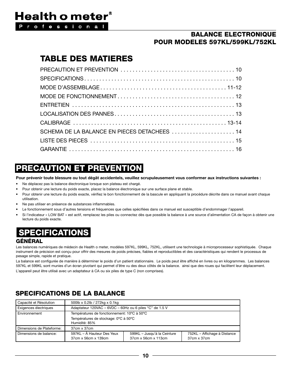 Table des matieres, Precaution et prevention, Specifications | Specifications de la balance | Health O Meter PROFESSIONAL 597KL User Manual | Page 10 / 24