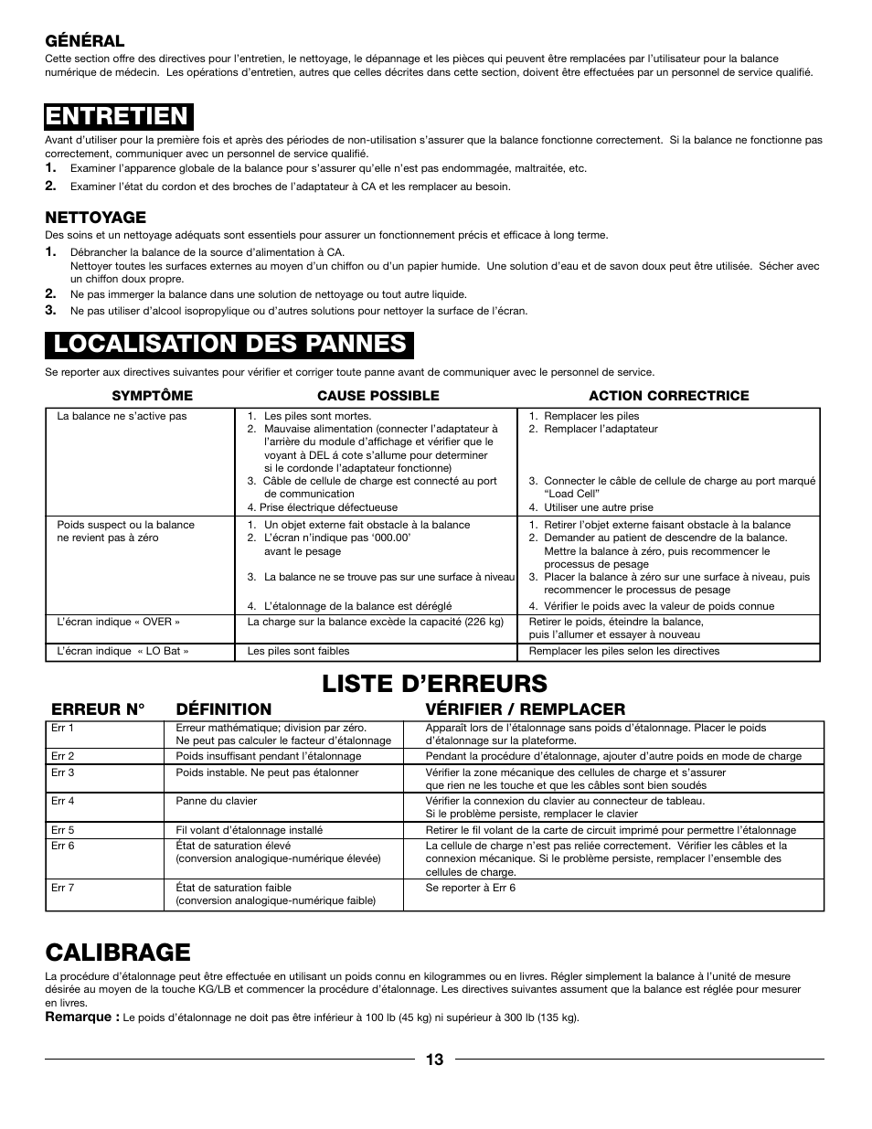 Localisation des pannes, Liste d’erreurs, Entretien | Calibrage, Erreur n° définition vérifier / remplacer, 13 général, Nettoyage | Health O Meter PROFESSIONAL 597KL User Manual | Page 13 / 24