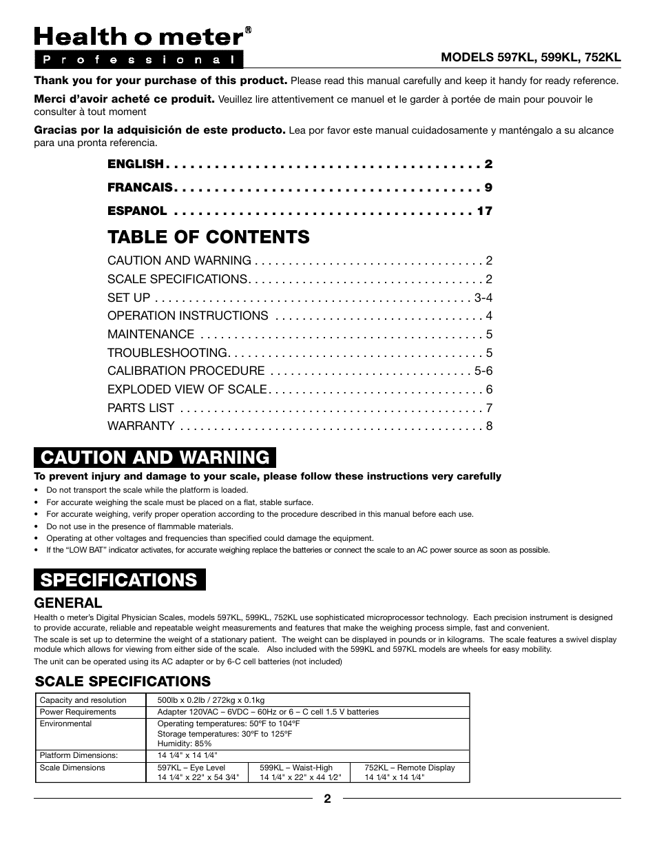 Health O Meter PROFESSIONAL 597KL User Manual | Page 2 / 24