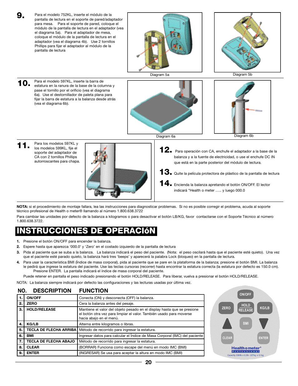 Instrucciones de operación, No. description function | Health O Meter PROFESSIONAL 597KL User Manual | Page 20 / 24