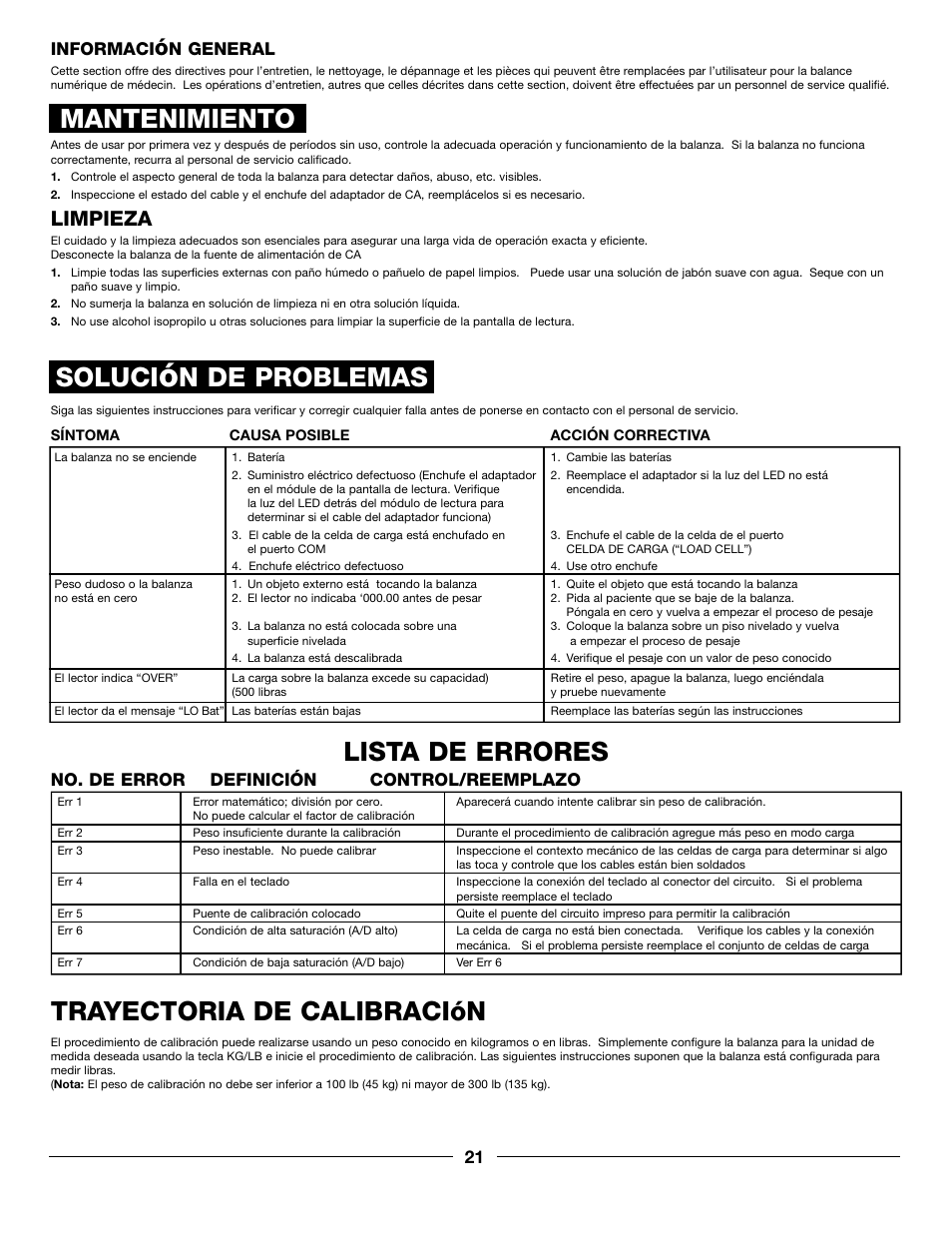 Lista de errores, Mantenimiento, Trayectoria de calibración | Soluci, N de problemas, Limpieza, No. de error definición control/reemplazo, Informaci, N general | Health O Meter PROFESSIONAL 597KL User Manual | Page 21 / 24