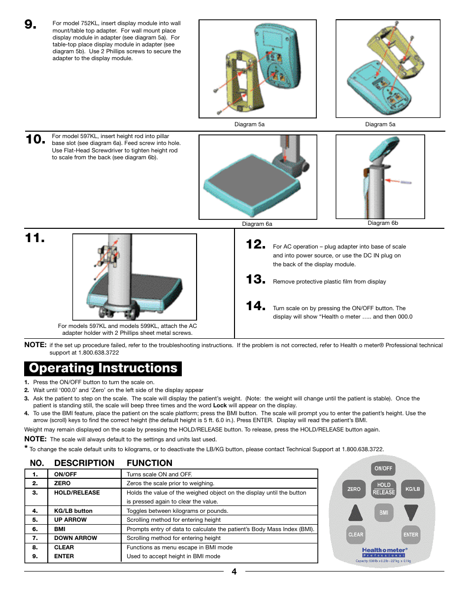 Operating instructions, No. description function | Health O Meter PROFESSIONAL 597KL User Manual | Page 4 / 24