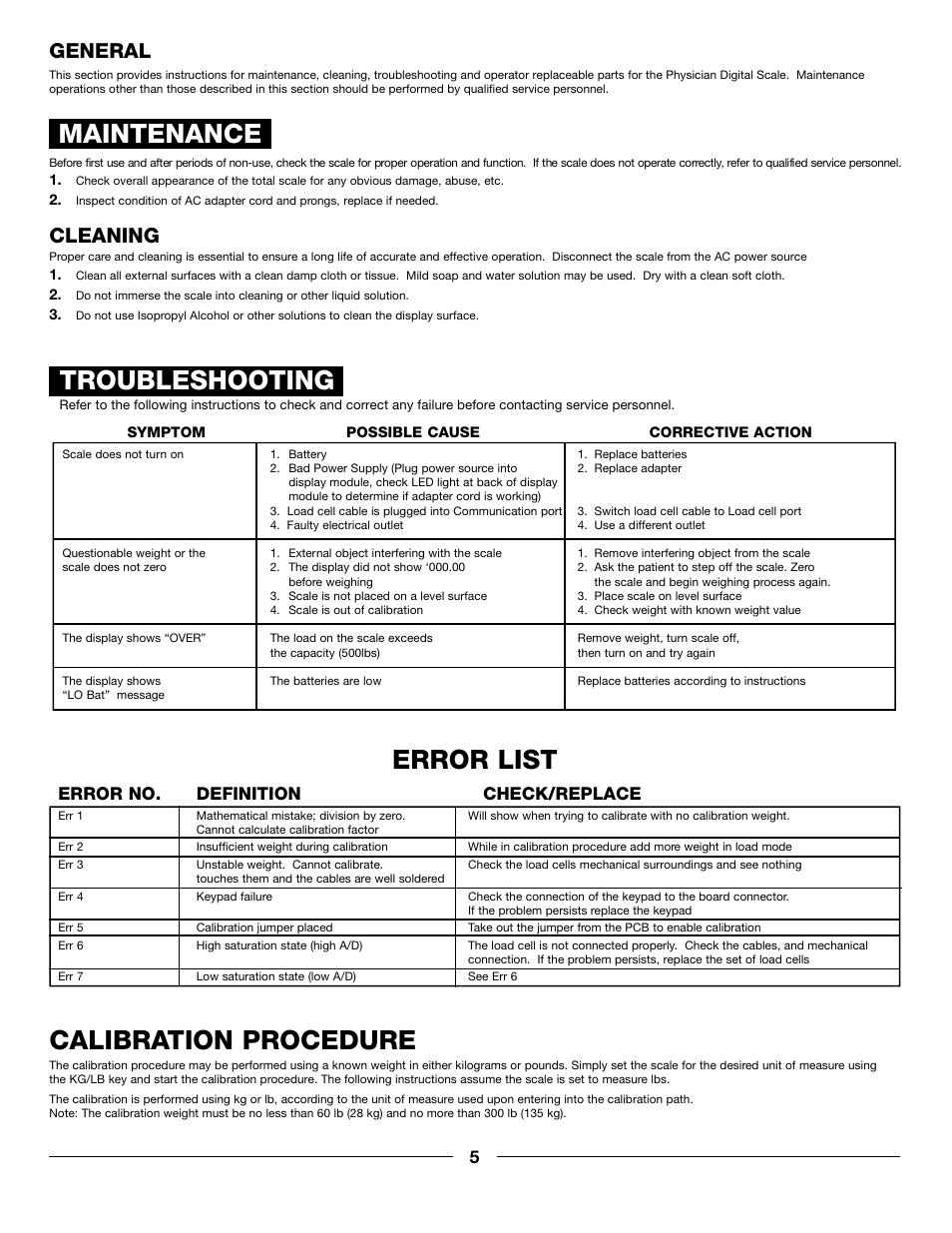 Troubleshooting, Maintenance, Error list | Calibration procedure, General, Cleaning, Error no. definition check/replace | Health O Meter PROFESSIONAL 597KL User Manual | Page 5 / 24