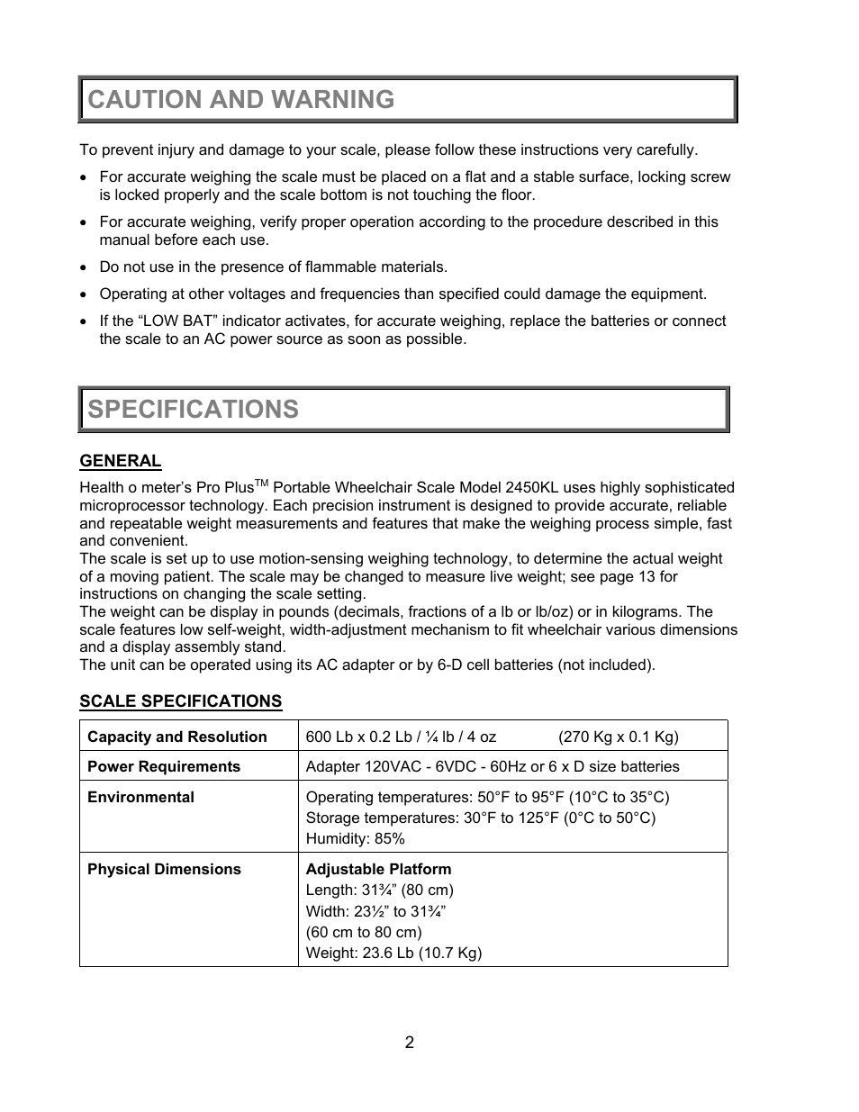 Caution and warning, Specifications | Health O Meter PRO PLUS 2450KL User Manual | Page 3 / 23