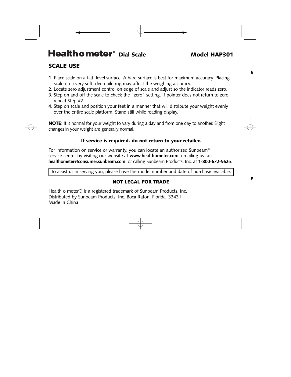 Health O Meter HAP301 User Manual | 2 pages