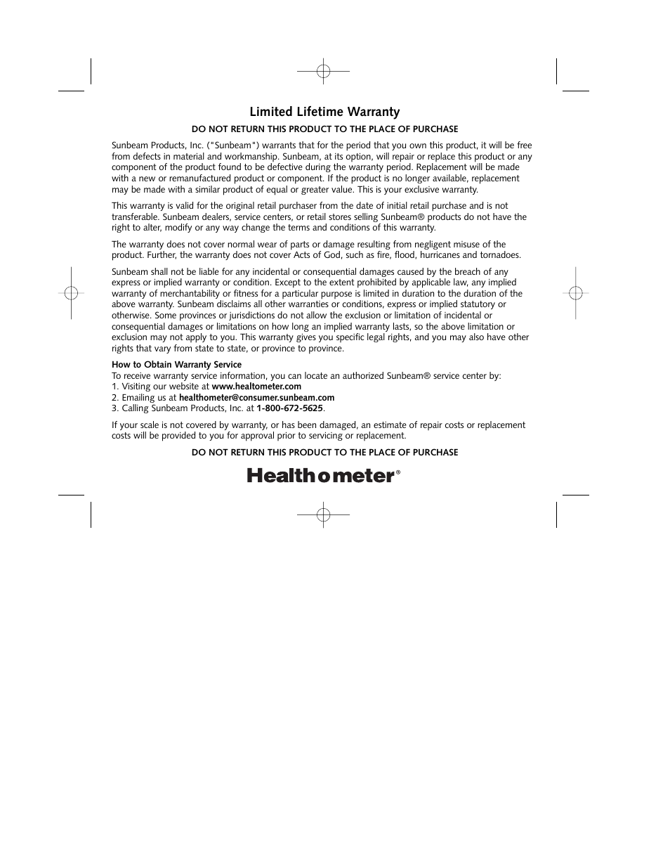 Limited lifetime warranty | Health O Meter HAP301 User Manual | Page 2 / 2