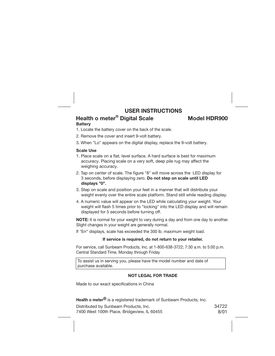 Health O Meter HDR900 User Manual | 1 page