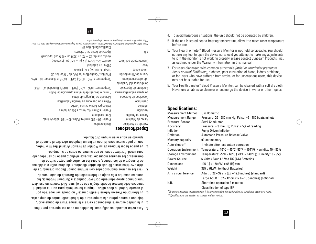 Specifications, Especificaciones | Health O Meter 7631 User Manual | Page 13 / 28