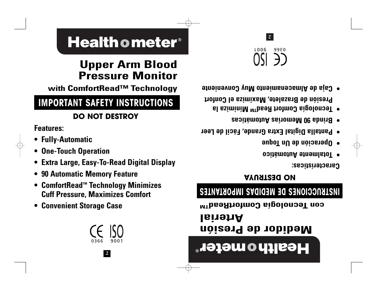 Upper arm blood pressure monitor, Medidor de presión arterial, Important safety instructions | Instrucciones de medidas importantes | Health O Meter 7631 User Manual | Page 2 / 28