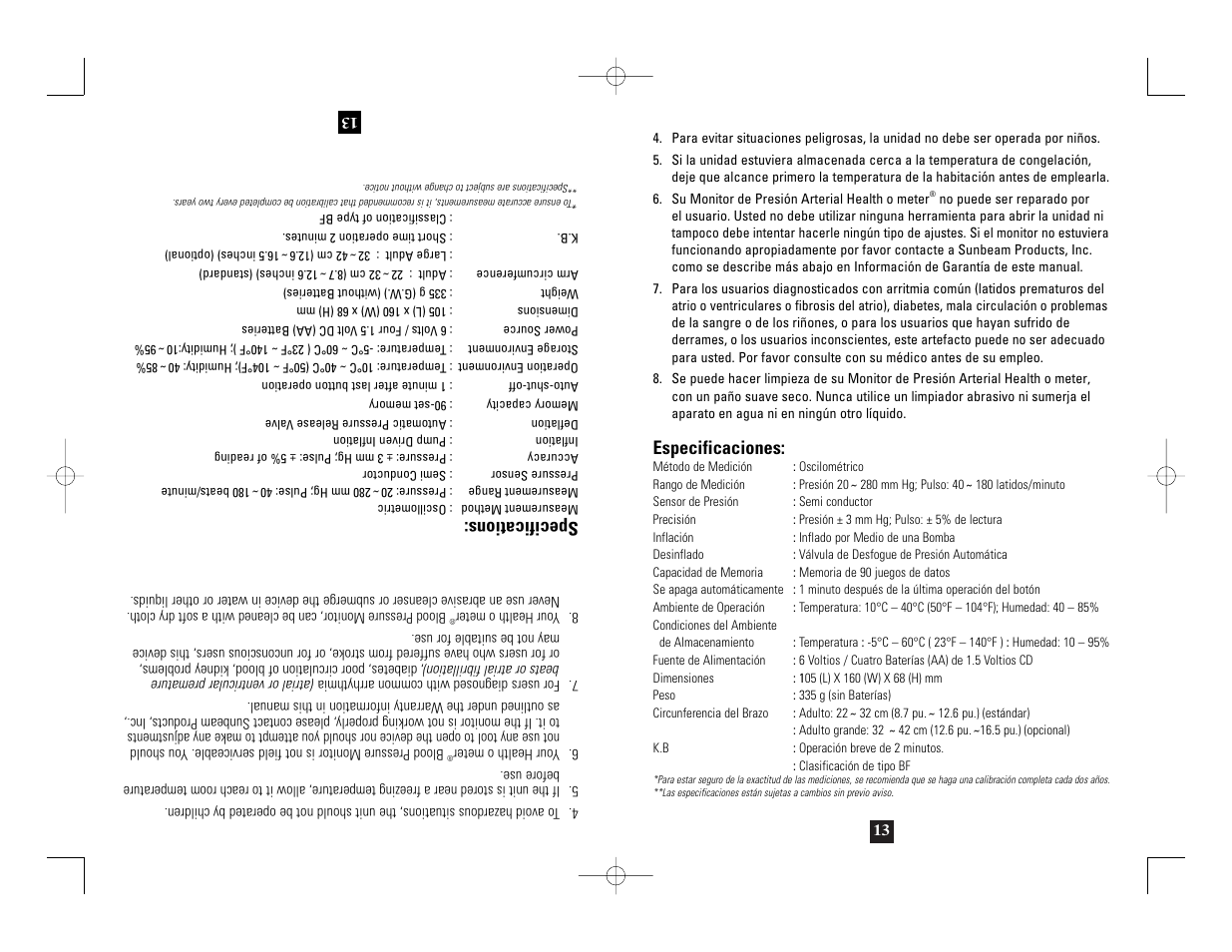 Specifications, Especificaciones | Health O Meter 7631 User Manual | Page 27 / 28