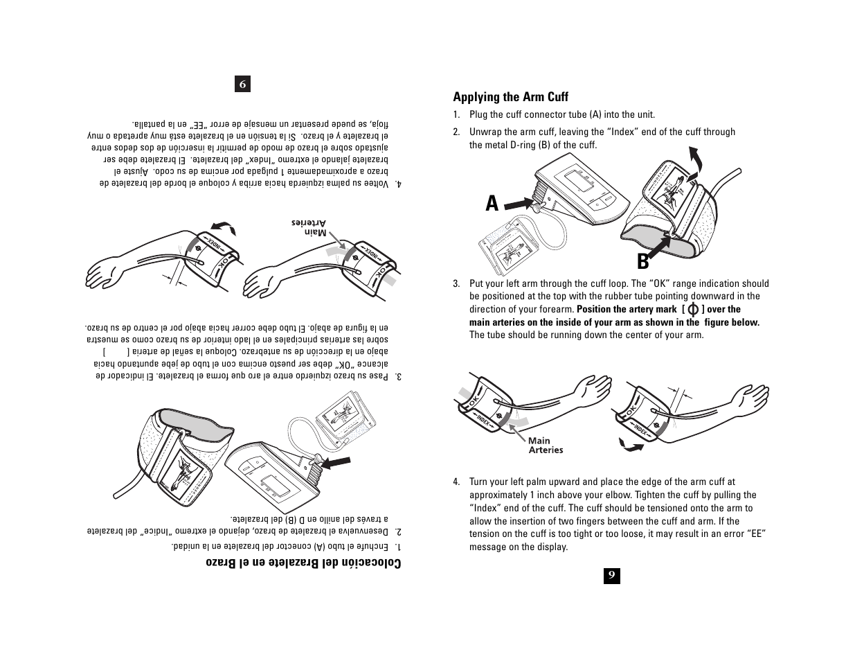 Applying the arm cuff, Colocación del brazalete en el brazo | Health O Meter 7631 User Manual | Page 9 / 28