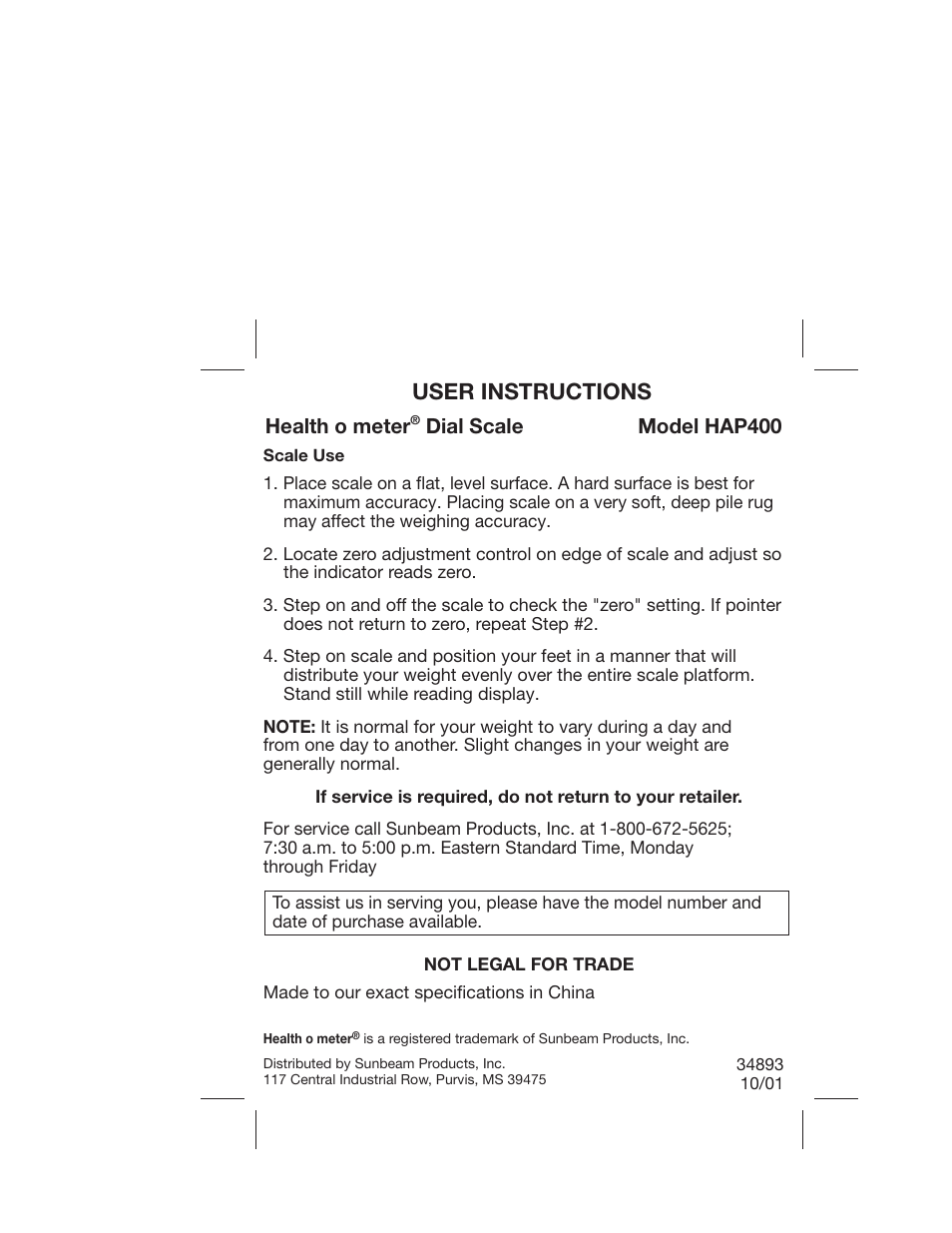 Health O Meter HAP400 User Manual | 1 page