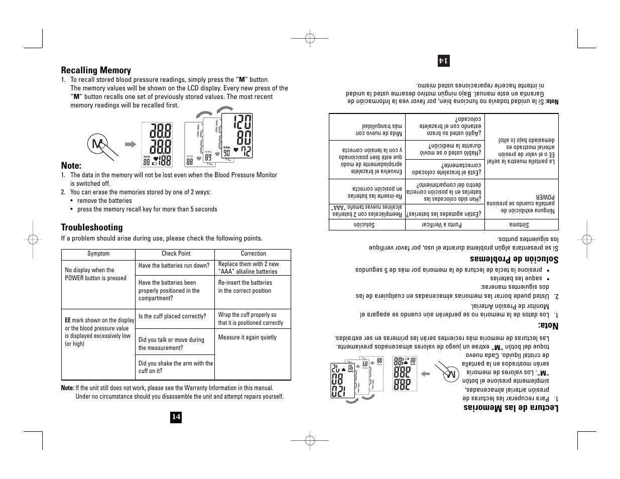 Troubleshooting, Nota, Solución de problemas | Health O Meter 7633 User Manual | Page 14 / 40