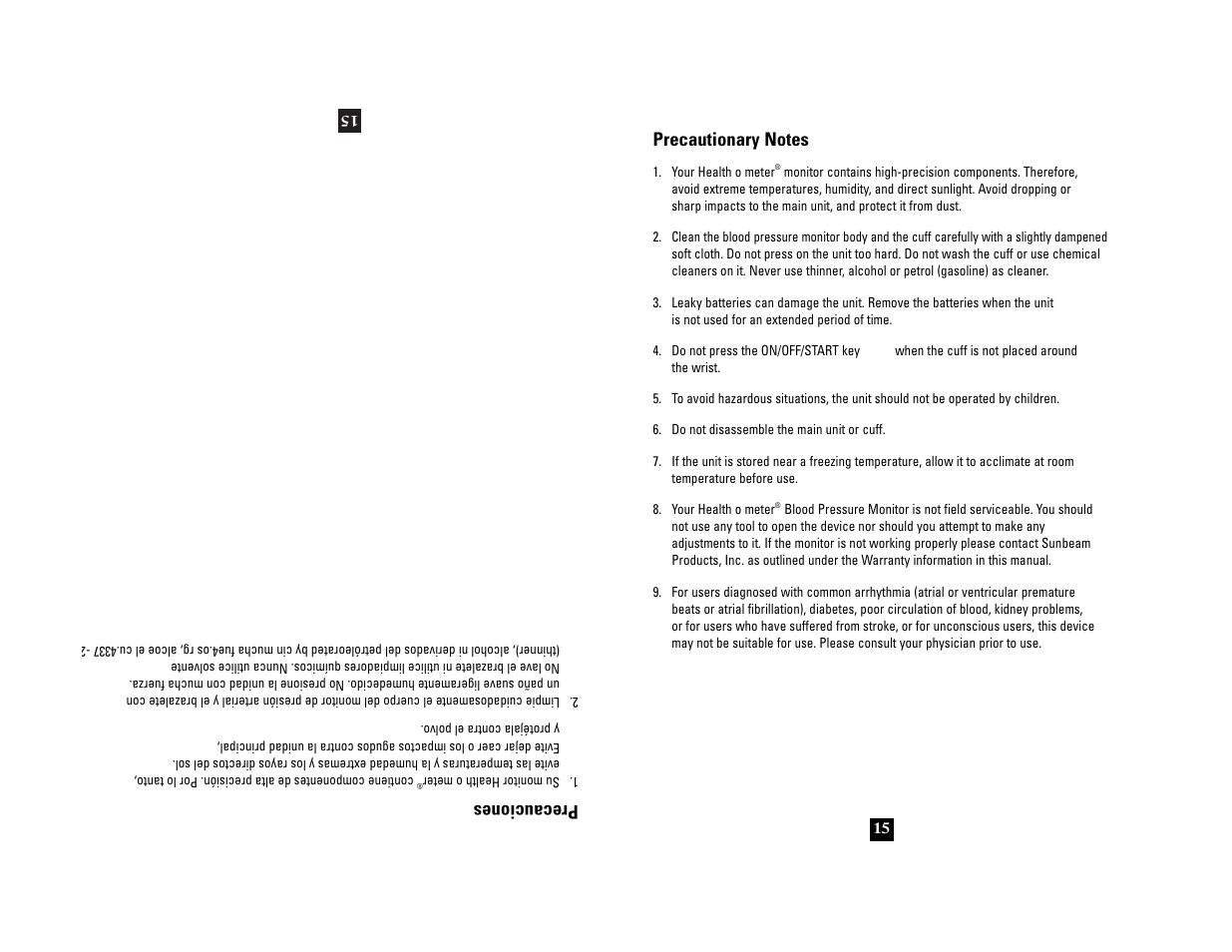 Precauciones | Health O Meter 7633 User Manual | Page 15 / 40