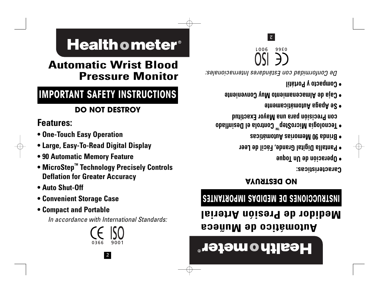 Automatic wrist blood pressure monitor, Automático de muñeca medidor de presión arterial, Important safety instructions | Features, Instrucciones de medidas importantes | Health O Meter 7633 User Manual | Page 2 / 40