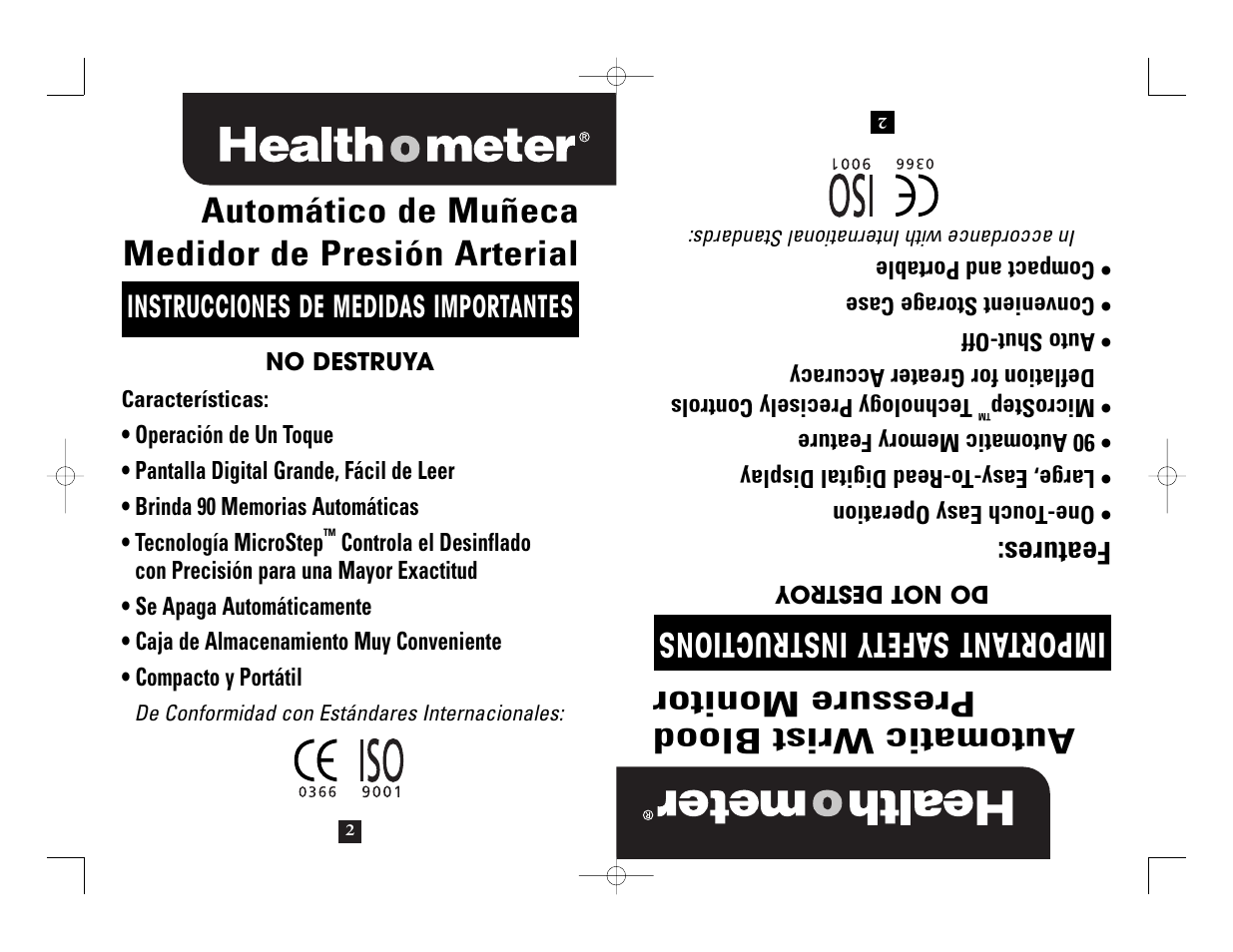 Automatic wrist blood pressure monitor, Automático de muñeca medidor de presión arterial, Important safety instructions | Features, Instrucciones de medidas importantes | Health O Meter 7633 User Manual | Page 22 / 40