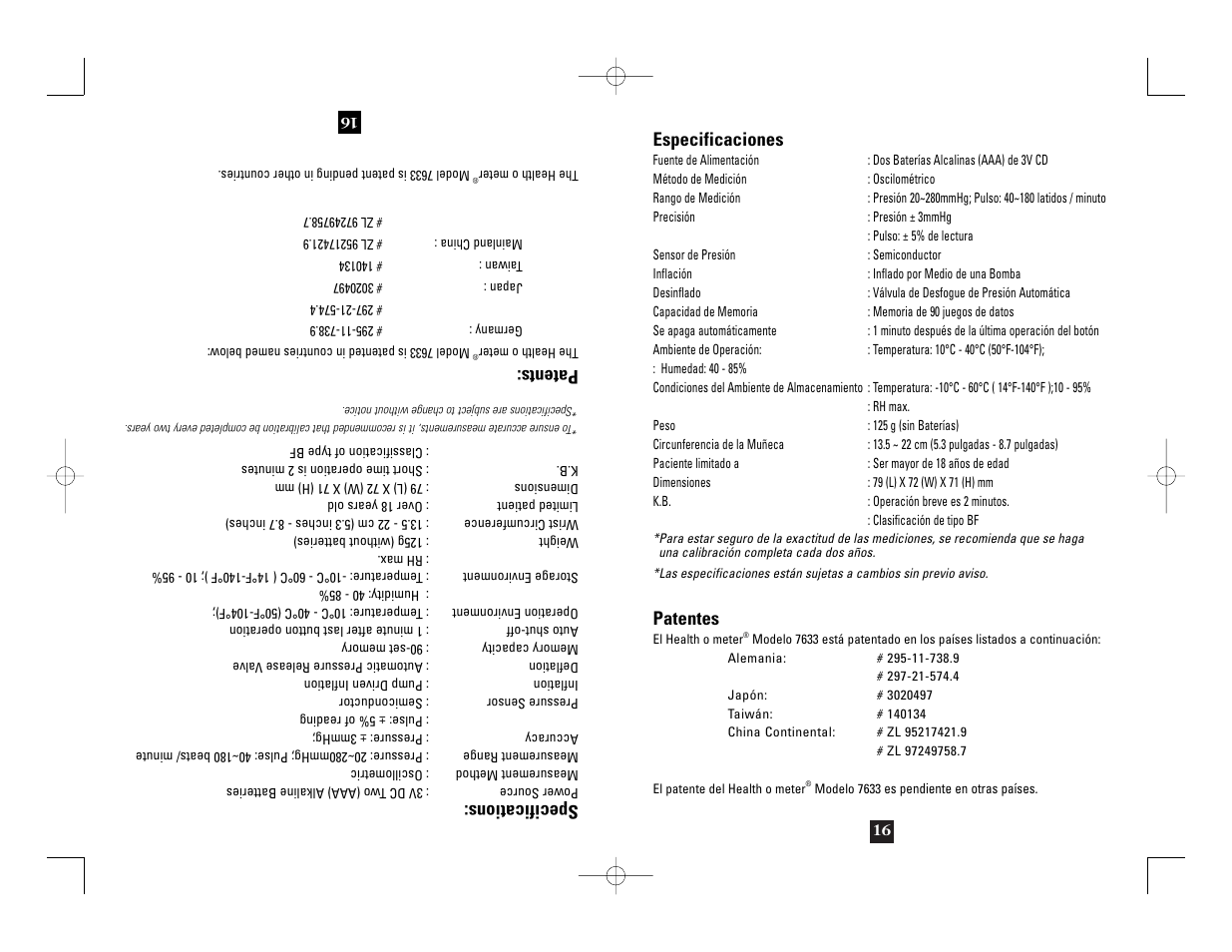 Specifications, Patents, Especificaciones | Patentes | Health O Meter 7633 User Manual | Page 36 / 40