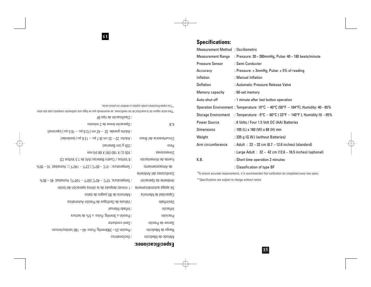 Especificaciones, Specifications | Health O Meter 7630 User Manual | Page 15 / 32