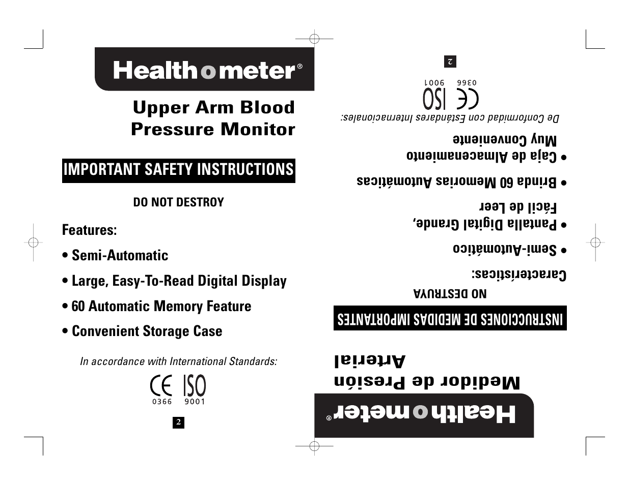 Upper arm blood pressure monitor, Medidor de presión arterial | Health O Meter 7630 User Manual | Page 2 / 32
