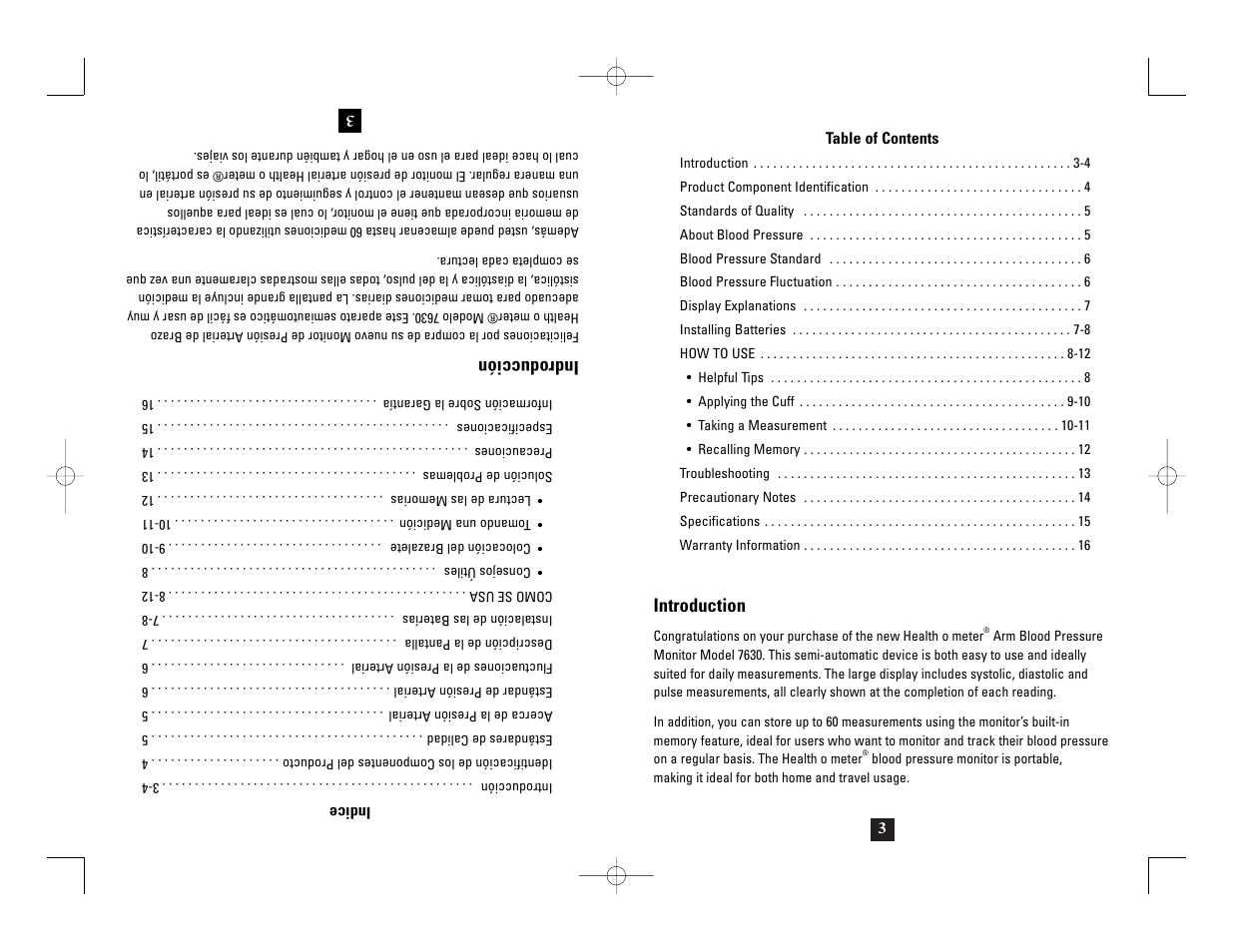 Introduction, Indroducción | Health O Meter 7630 User Manual | Page 3 / 32