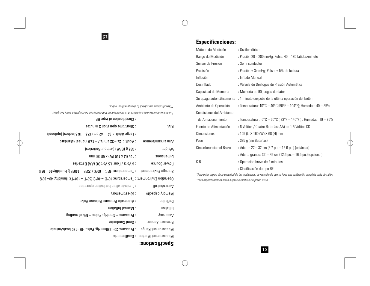 Especificaciones, Specifications | Health O Meter 7630 User Manual | Page 31 / 32
