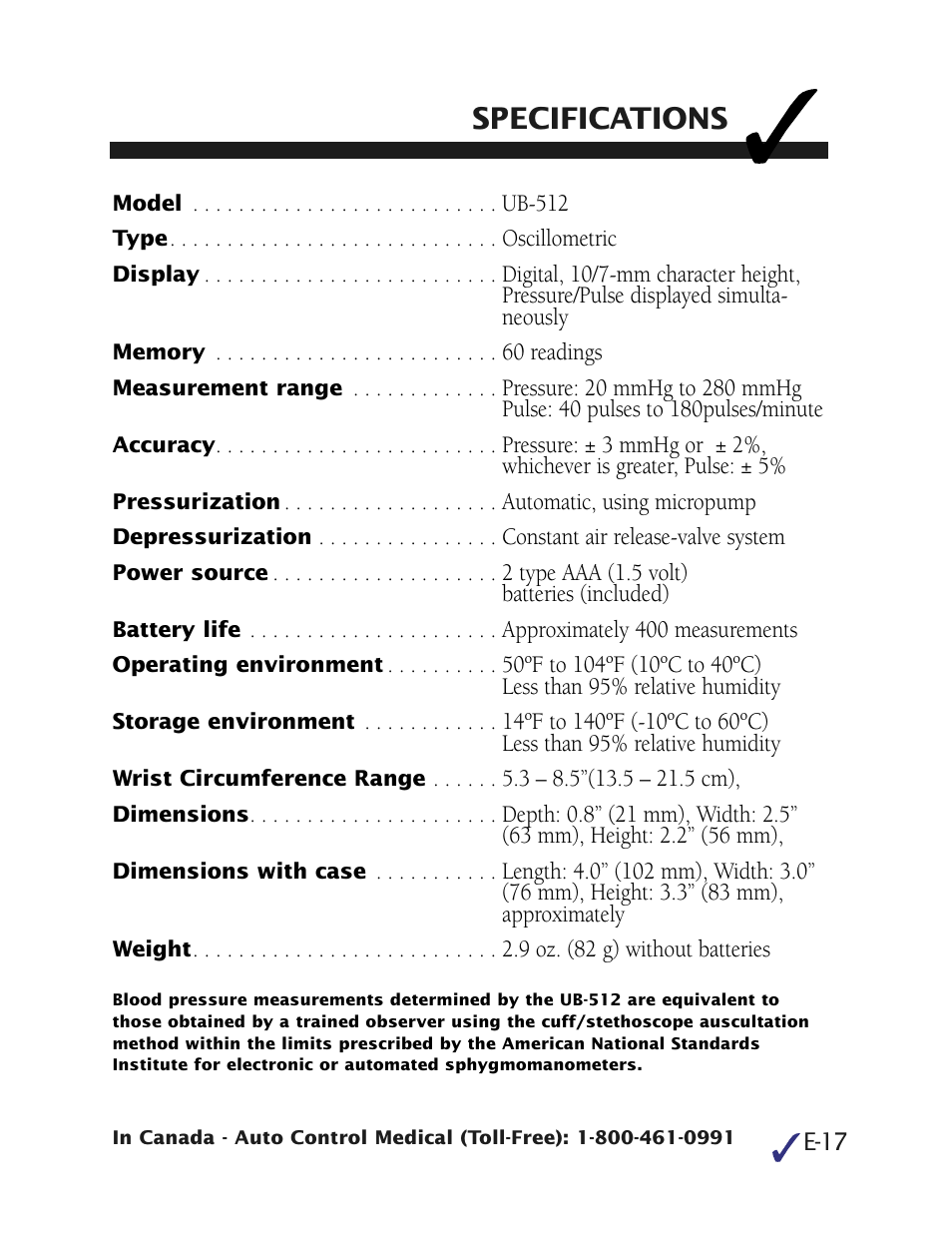 Specifications | Health O Meter UB-512 User Manual | Page 20 / 23