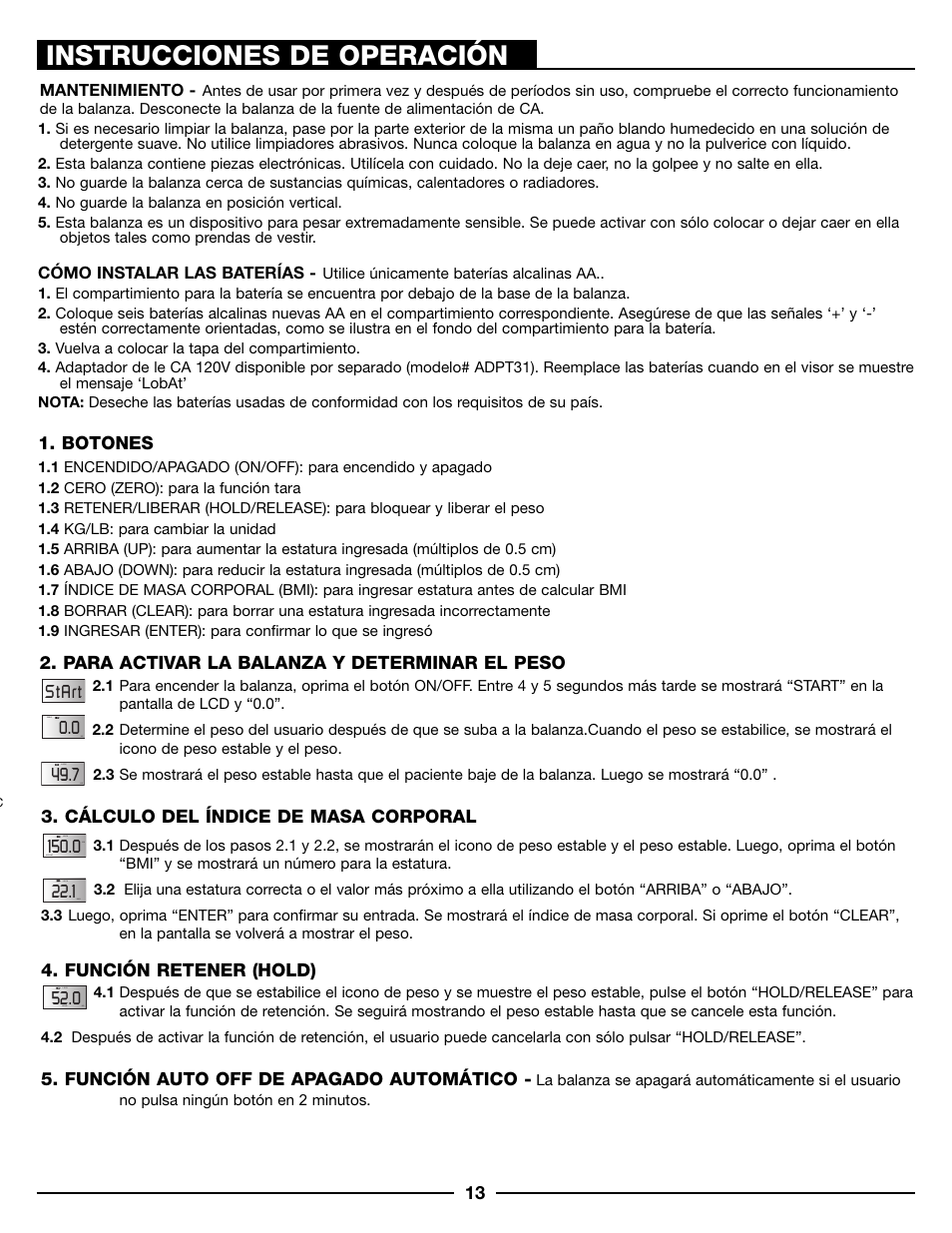 Instrucciones de operación | Health O Meter 500KL User Manual | Page 13 / 16
