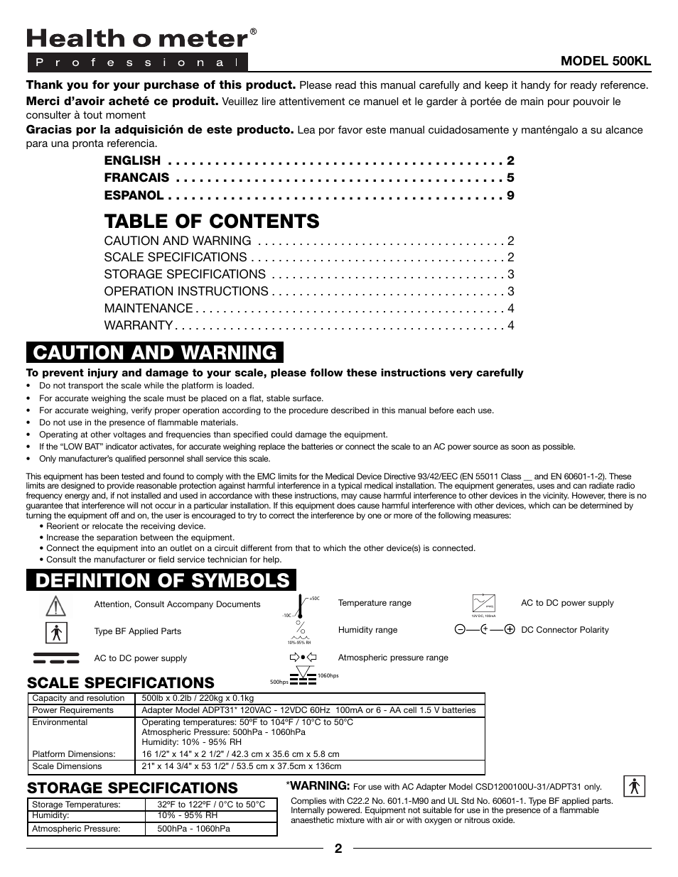 Health O Meter 500KL User Manual | Page 2 / 16