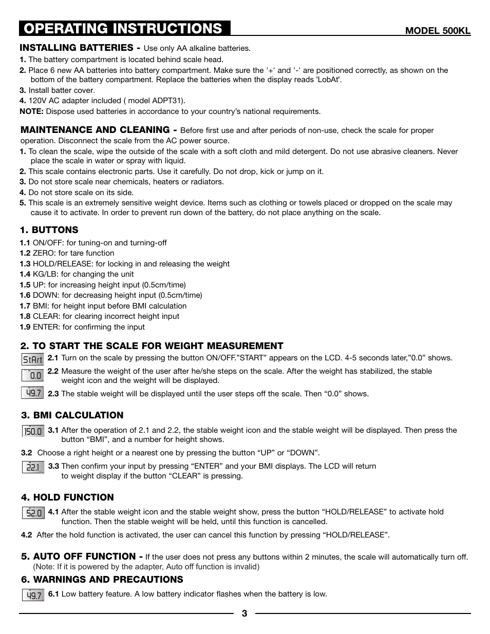 Operating instructions | Health O Meter 500KL User Manual | Page 3 / 16