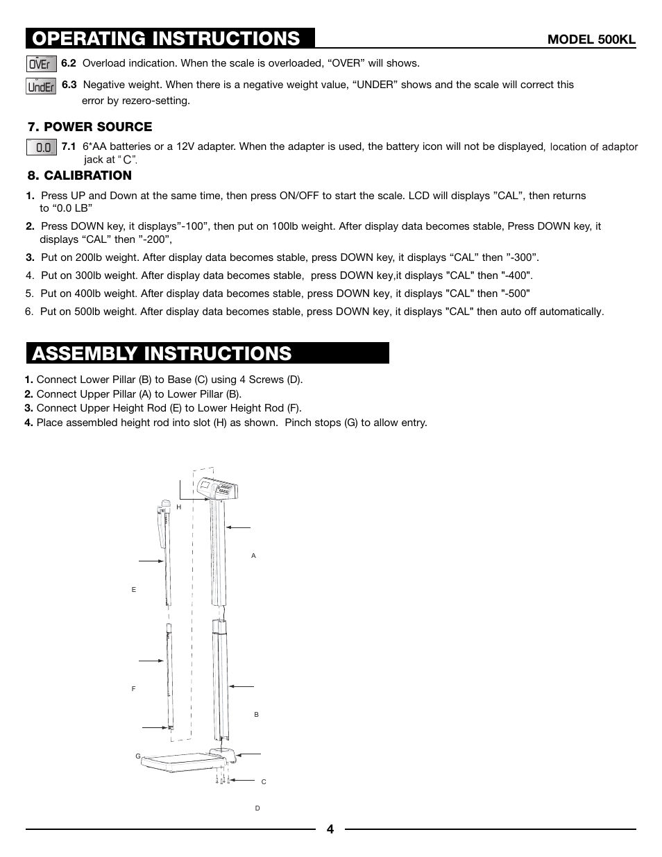 Operating instructions, Assembly instructions | Health O Meter 500KL User Manual | Page 4 / 16